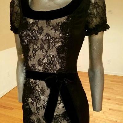Vtg Chantilly lace silk mermaid illusion gown kitten bow crinoline 