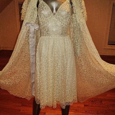 Vtg 1950's all Lace Peignoir set  nightgown/Coat gown baby blue ribbon