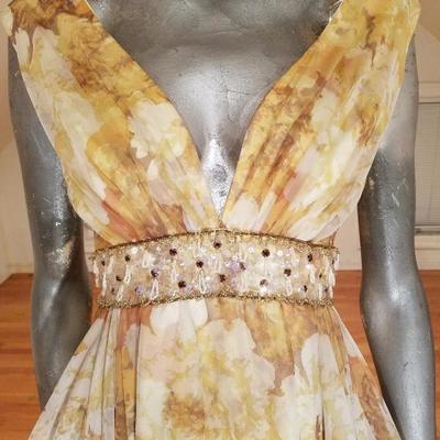 Vtg 1960's  empire embellished chiffon gown shirred 