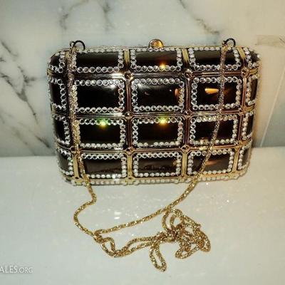 Vtg Jeweled rhinestone metal purse/clutch gold chain  gun metal color