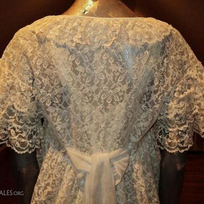 Vtg 1950's all Lace Peignoir set  nightgown/Coat gown baby blue ribbon