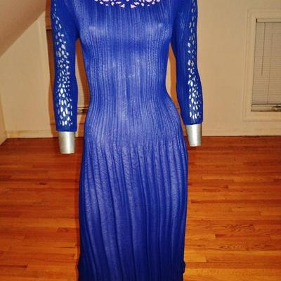 Vtg Royal blue w/ lavender cutout designer dress pencil pleats crepe 