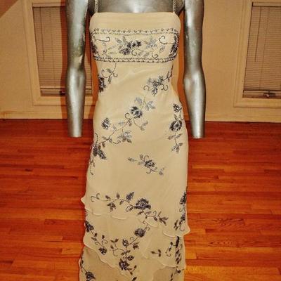 Vtg Sue Wong layered silk handkerchief dress silver beaded on antique chiffon