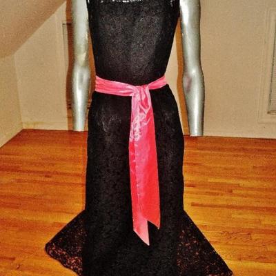 Vtg French lace 1950's Cocktail maxi gown cerise sash belt