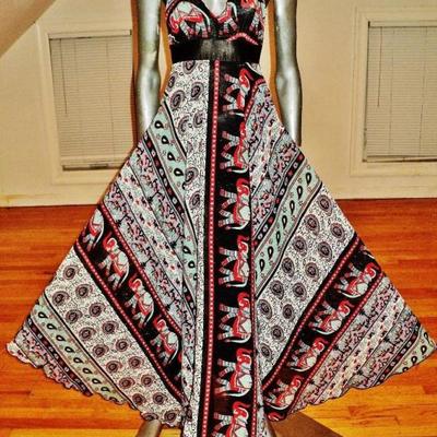 Vtg Boho chic Ethnic fluid lurex chiffon gown silkscreen elephant print