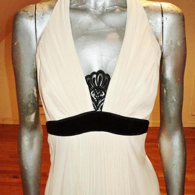 Carmen Marc Valvo silk empire grecian fluid pleat halter gown buggle bead/lace