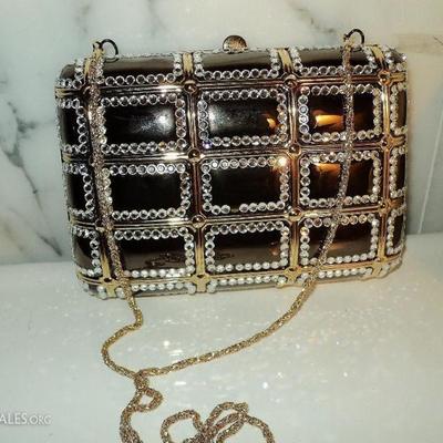 Vtg Jeweled rhinestone metal purse/clutch gold chain  gun metal color