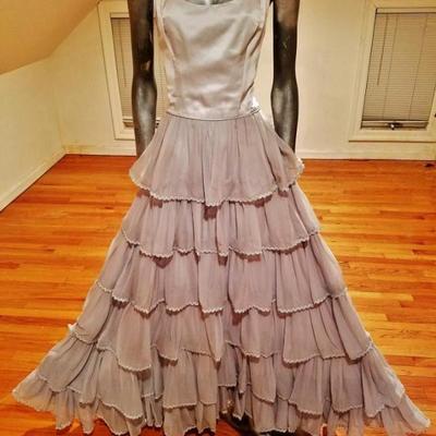 Vtg Monirs Couture design silver grey silk layered ruffled gown Crystal straps