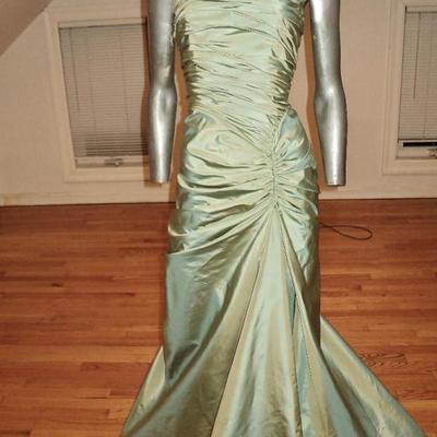 Vtg Designer column gown moss shantung trumpet sweep shirred train