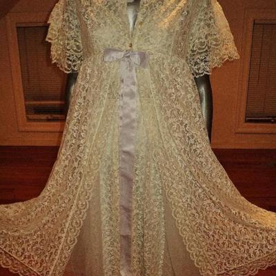 Vtg 1950's all Lace Peignoir set  nightgown/Coat gown baby blue ribbon