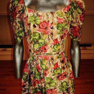 Vtg painted print wiggle beaded sequin semi wrap dress side tie 