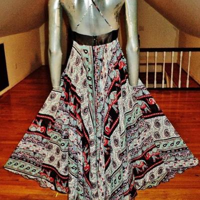 Vtg Boho chic Ethnic fluid lurex chiffon gown silkscreen elephant print