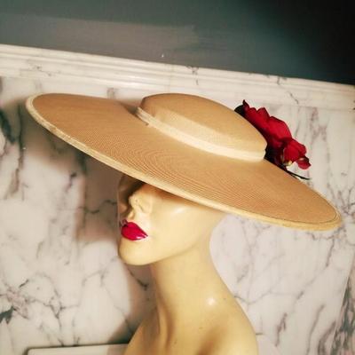 Vtg 1930's wide brim Platter tilt derby spectator straw hat millinery flowers 