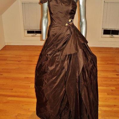 Vtg Jovani couture silk shantung single shoulder bead detail ball gown cocoa 