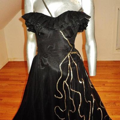 Vtg 1930's voile ruffled ball gown single strap sequins layers 