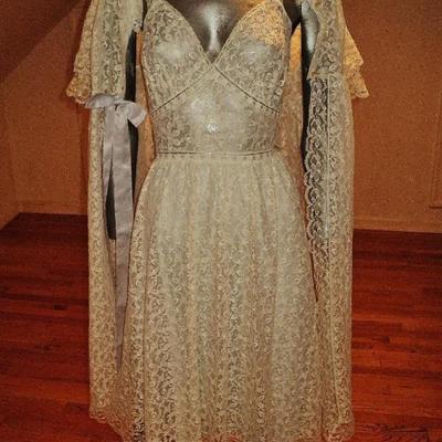 Vtg 1950's all Lace Peignoir set  nightgown/Coat gown baby blue ribbon