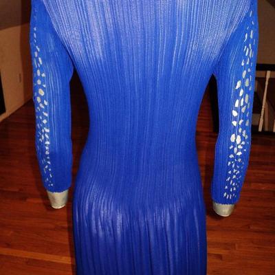 Vtg Royal blue w/ lavender cutout designer dress pencil pleats crepe 