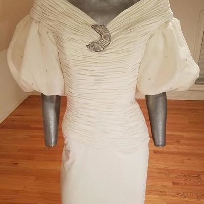 Vintage Rose Taft semi couture shirred cocktail gown balloon sleeves rhinestones