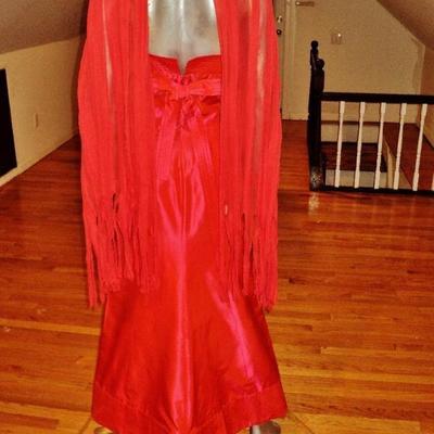 Vtg Haute Couture Carolina Herrera Runway silk shantung gown fringed large shawl