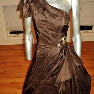 Vtg Jovani couture silk shantung single shoulder bead detail ball gown cocoa 