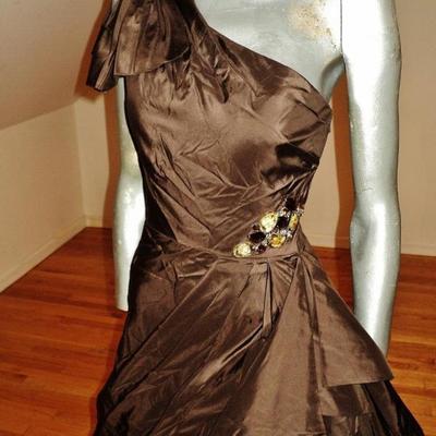 Vtg Jovani couture silk shantung single shoulder bead detail ball gown cocoa 