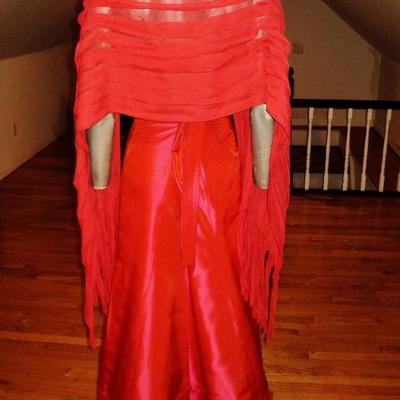 Vtg Haute Couture Carolina Herrera Runway silk shantung gown fringed large shawl