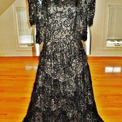 Vintage French Guipure lace shirred gown/Bolero jacket velour ruffle panels