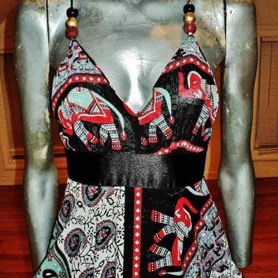 Vtg Boho chic Ethnic fluid lurex chiffon gown silkscreen elephant print