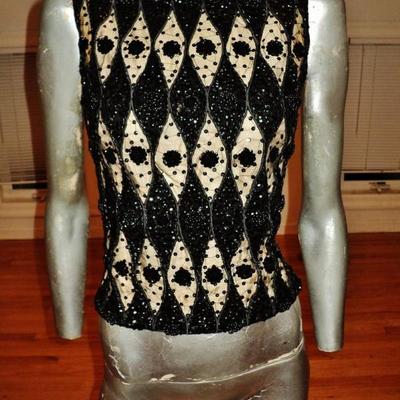 Vtg 1950's Heavily embellished beaded sequins Illusion wool top Hong Kong colony