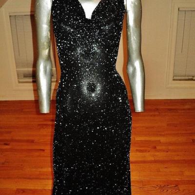 Vintage onyx all beaded French silk bias gown plunge front bodice 