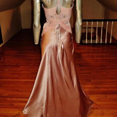 Vtg lavender silk couture halter gown shirred chiffon Train embellished