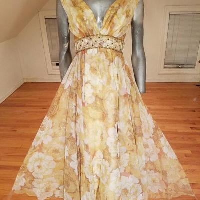 Vtg 1960's  empire embellished chiffon gown shirred 