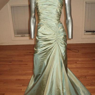 Vtg Designer column gown moss shantung trumpet sweep shirred train