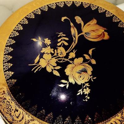 Limoges France Cobalt blue large porcelain Trinket Box Gold painted