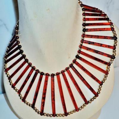 Vtg Egyptian revival Cleopatra look tortoise & golden beads Artisan handmade