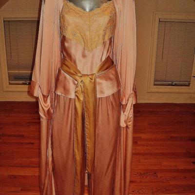 Vintage silk peignoir set coat pant camisole/antique lace sash belt