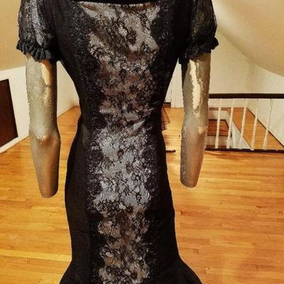 Vtg Chantilly lace silk mermaid illusion gown kitten bow crinoline 