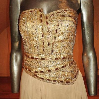 Vtg Terani Couture strapless gold embellished maxi trumpet pleted gown