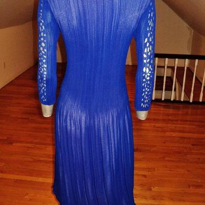 Vtg Royal blue w/ lavender cutout designer dress pencil pleats crepe 