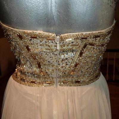 Vtg Terani Couture strapless gold embellished maxi trumpet pleted gown