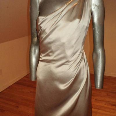 Couture Jackie Rogers silver single shoulder silk grecian draped bias gown