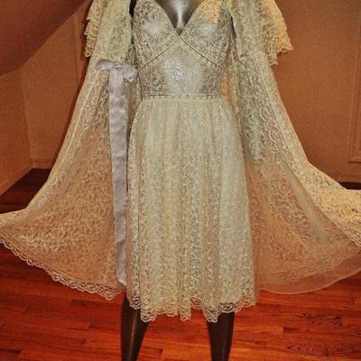 Vtg 1950's all Lace Peignoir set  nightgown/Coat gown baby blue ribbon