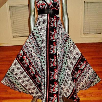 Vtg Boho chic Ethnic fluid lurex chiffon gown silkscreen elephant print