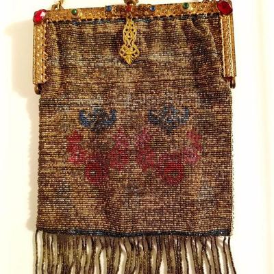 Antique Edwardian French Jeweled micro beaded gilded bag w/ fringes