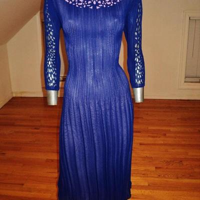 Vtg Royal blue w/ lavender cutout designer dress pencil pleats crepe 