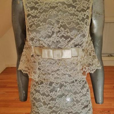 Vtg 1950's  Layering French Guipure lace Empire maxi dress Kitten bow