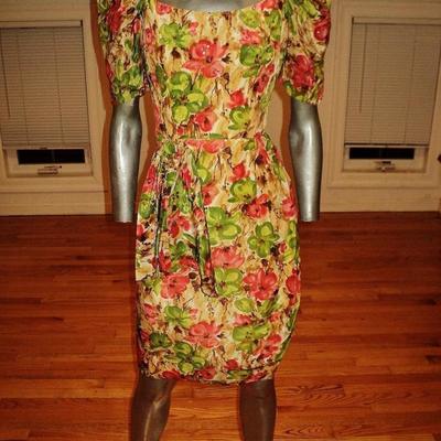 Vtg painted print wiggle beaded sequin semi wrap dress side tie 