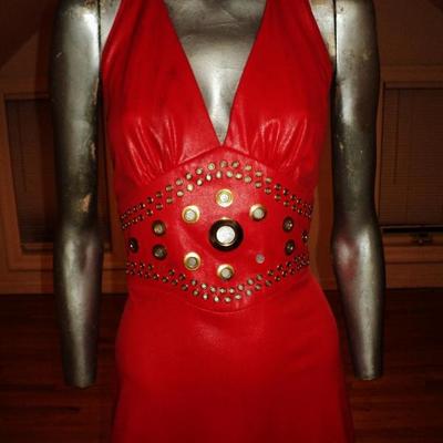  1960's Limited Edition Mr. Boots halter red liquid leather maxi dress gold loops