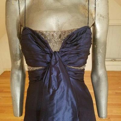 Vtg Badgley Mischka silk Cobalt blue empire shirred evening gown embellished