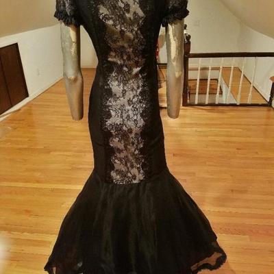 Vtg Chantilly lace silk mermaid illusion gown kitten bow crinoline 